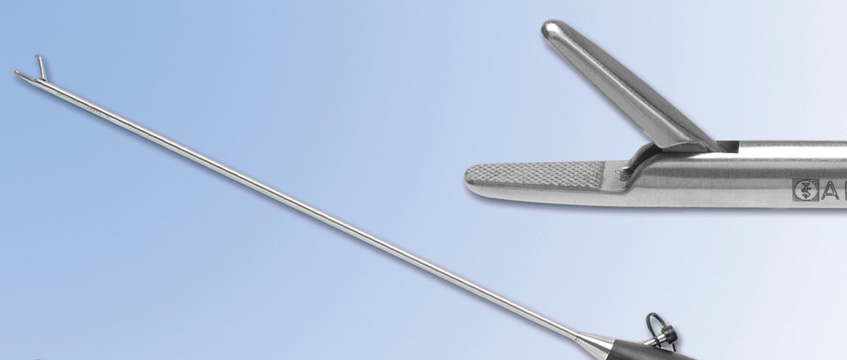 Close-up of laparoscopic needle holder tip