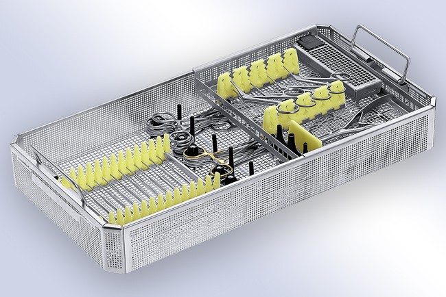 Aesculap SterilContainer basket showing instrument organization